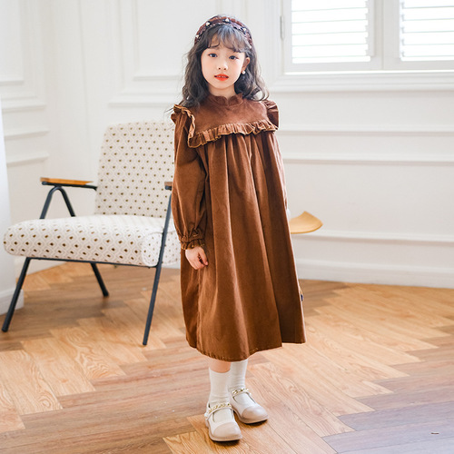 Girls' dress autumn and winter new long-sleeved ruffled velvet skirt for big children forest style girl princess skirt