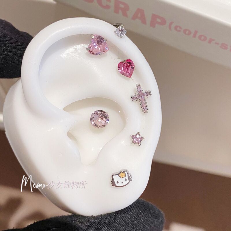 KT cat pink diamond cross mini stars cute titanium steel love niche design personality cochlea ear bone nail