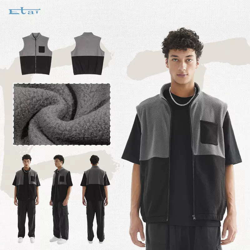 ETAI男装|撞色拼接摇粒绒马甲外套潮流高品质无袖男士拉链外套