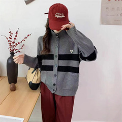 秋冬新款女韩版宽松时尚条纹高领开衫单排扣百搭加厚毛衣开衫复古