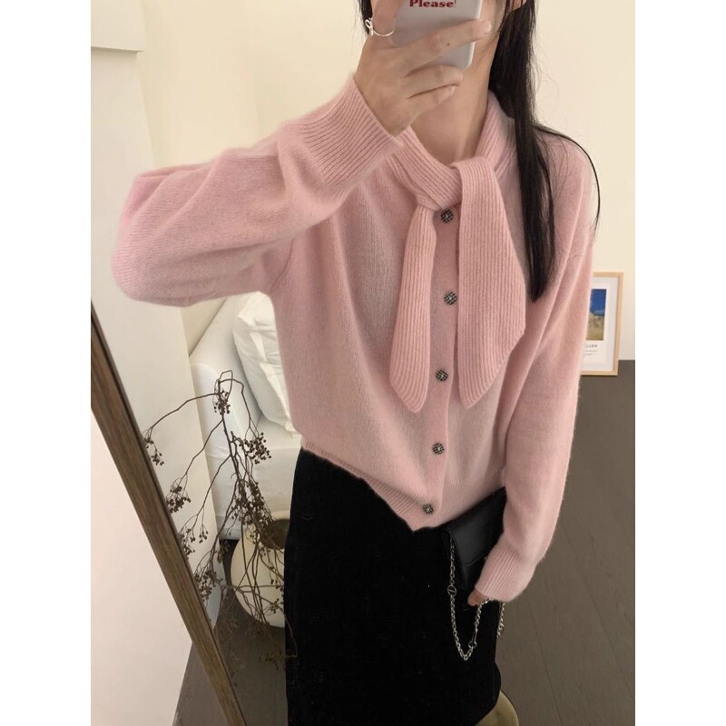 New Style Color-Blocked Two-Piece Tie Knit Sweater Cardigan for Women, Autumn and Winter Short Sweater Cardigan for a Youthful Look
