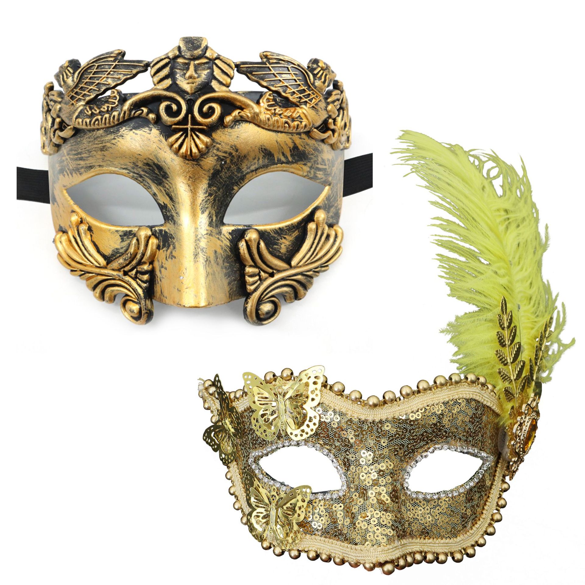 Amazon venta caliente carnaval borde lateral plumas metálicas mariposas retro máscaras de mitad de cara romana baile de maquillaje