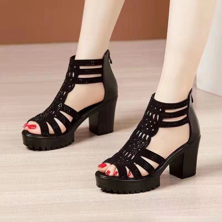 Sandals women's thick heel non-slip fish mouth medium high heel Roman women's shoes women's soft-soled open-toed height-increasing sandals_voghion.com