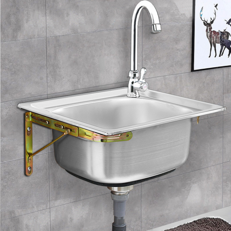 Kitchen Sink, Wash Basin, Balcony Wash Basin, Thickeneded Single-Slot 304 Stainless Steel Wall-Mounted Sink with Bracket