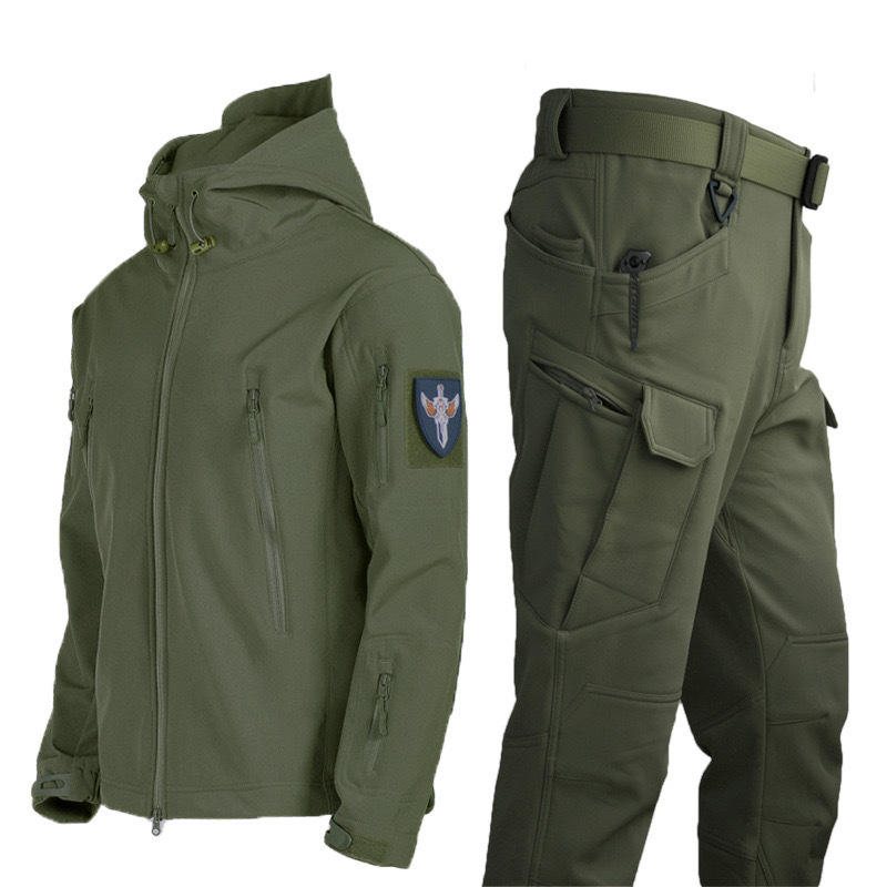Shark Skin Soft Shell Outdoor Jacket suit Men's Spring and Autumn Army Fan Windproof Breathable fleece-lined Mountaineering Suit Winter Coat