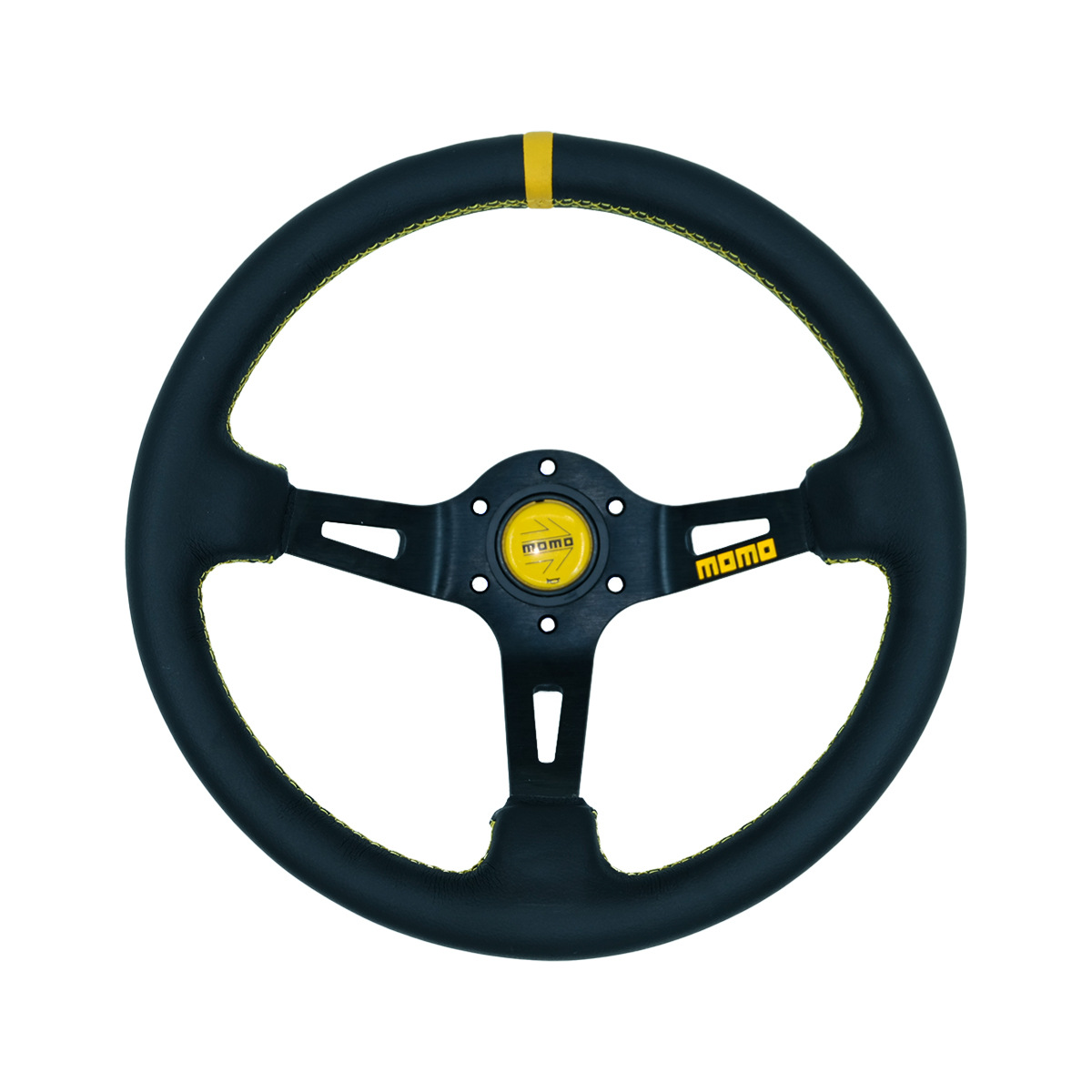 Universal 14-inch MOMO Modified Quick Release Steering Wheel Universal Deep Dish Racing Wheel (Steering wheel) - genuine-leather-yellow-ring-yellow-stitching