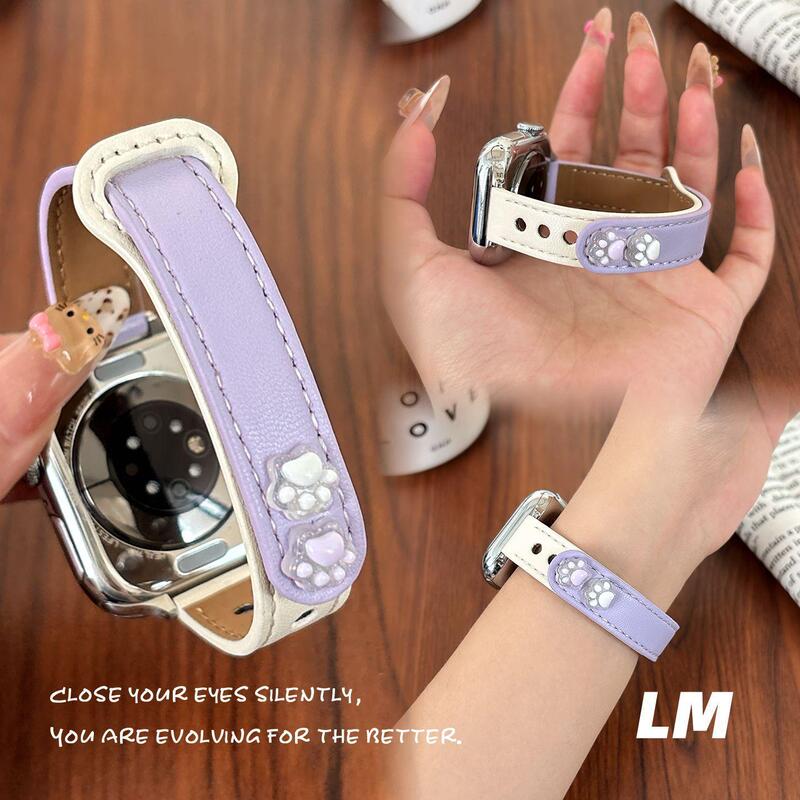 Suitable for Applewatchs11 Watch Strap, Cute Apple Watch S10 Leather iWatch Cat Claw Double Buckle Women's Wristband Suitable for Applewatchs11 Watch Strap, Cute Apple Watch S10 Leather iWatch Cat Claw Double Buckle Women's Wristband