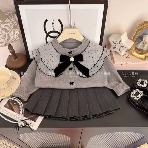 Children's and Girls' Butterfly Knot Cardigan Sweater Autumn and Winter Outfit Stylish Casual Spliced Collar Knit Jacket Top
