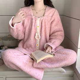 秋冬季新款半边绒睡衣女冬季甜美清新加绒加厚长袖开衫家居服套装