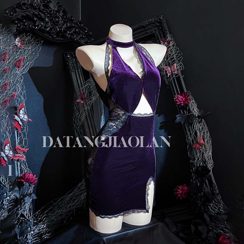 [Original Purple Velvet Cloud Row] High-grade Home Clothes Autumn and Winter Women's Velvet Purple Sexy Sling Lace Nightgown