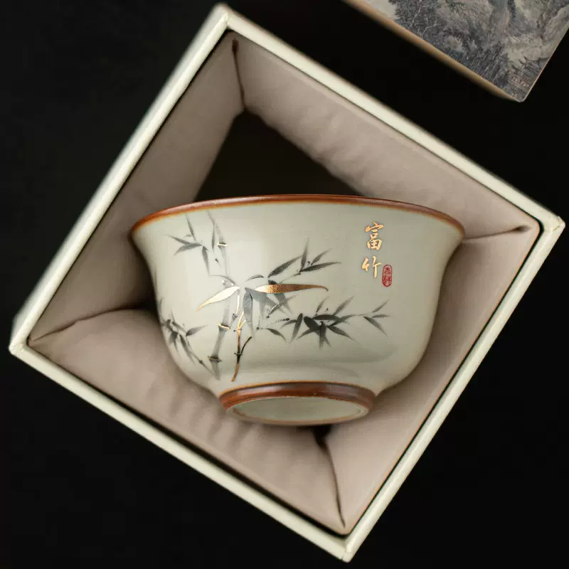 汝窑茶杯家用喝茶开片可养功夫茶具陶瓷品茗杯单杯主人杯茶盏礼盒