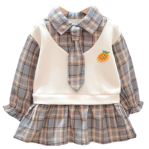 A girl's spring and autumn long-sleeved grid dress, dropshipping, for little babies, children's college-style dress, princess two-piece style