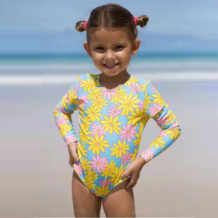 Parent-Child One-Piece Swimsuit, Conservative Long-Sleeve Sun-Protective Swimwear, Backless Floral European and American Bikini Parent-Child Swimwear