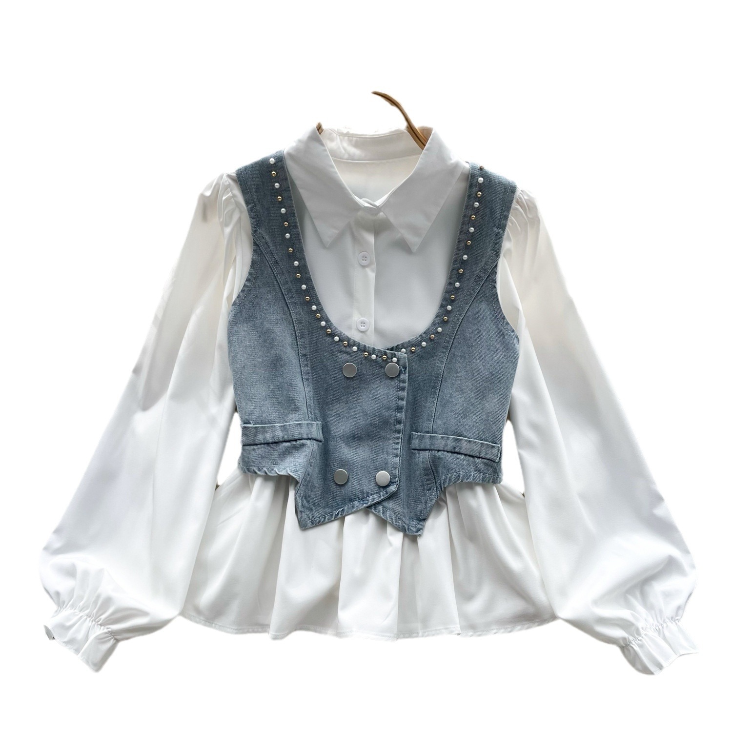 Abbigliamento da donna dolce completo camicia a maniche lunghe con perline e diamanti gilet in denim a strati_voghion.com