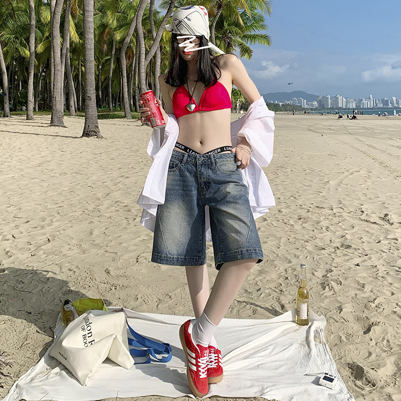 Vintage Five-point Jeans Women's Summer New Low Waist Slimming Loose Wide Leg Straight Three-dimensional Cut Fashionable Mid-length Pants