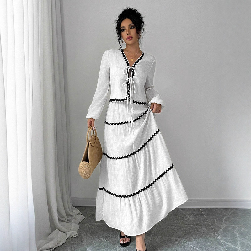 Cross-Border Amazon Lace Layered Pleated Women's Two-Piece Long-Sleeved Bow Shirt and Half-Length Skirt Suit