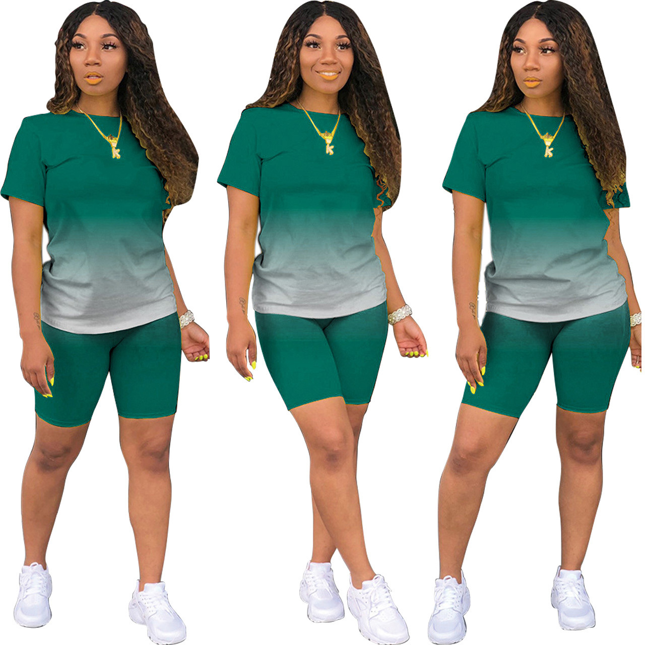 Casual Gradient Color Short-Sleeved Tee & Shorts Set NSYF48284