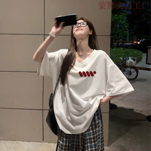 纯棉短袖女新款夏季女生短袖衫V领宽松休闲韩版美式T恤女气质上衣