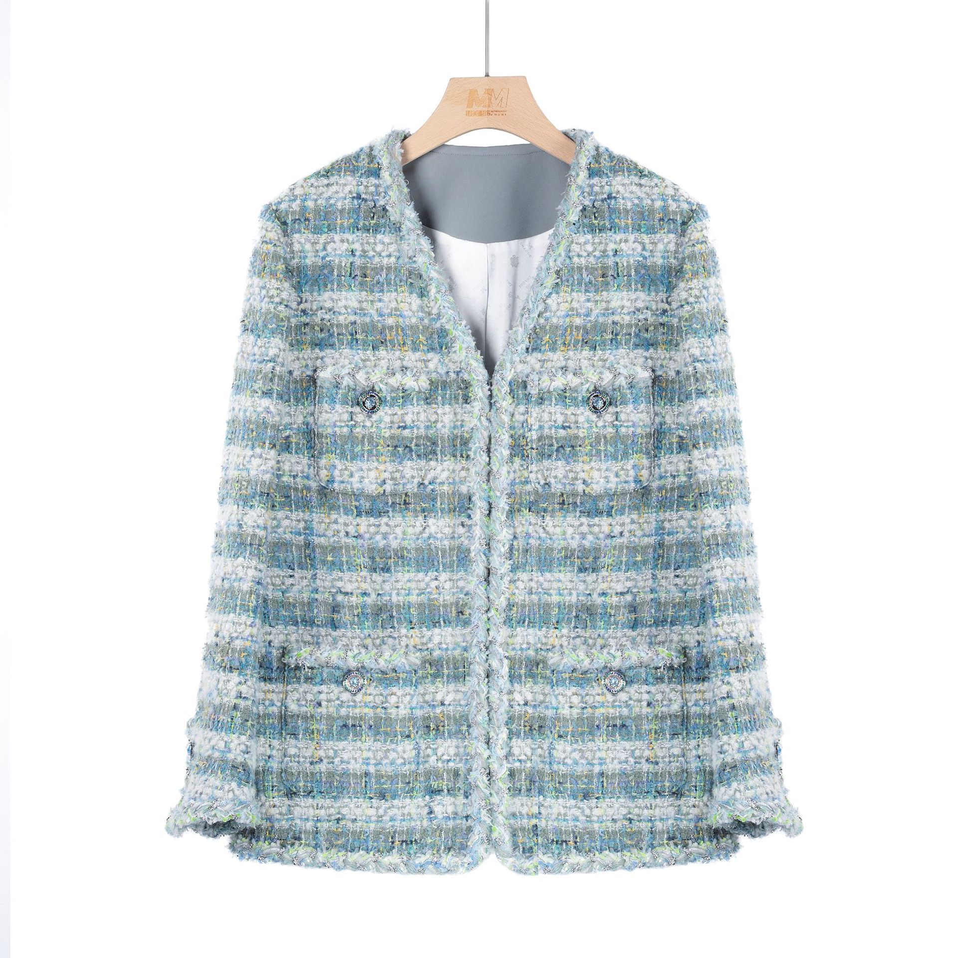 2025 Autumn/Winter New Wool Plaid Tweed Mid-Length Coat Little Chanel Style Socialite V-Neck Korean Version Top Wholesale