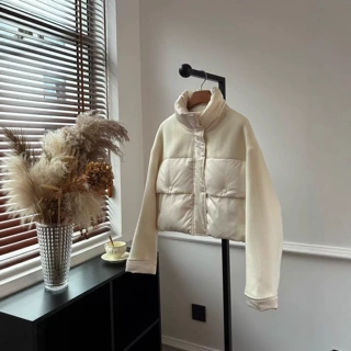 深圳南油26早春款时尚气质双口袋立领毛呢拼接短款羽绒服外套女