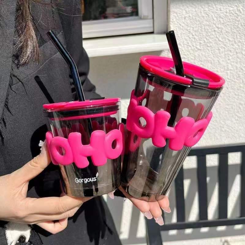 bamboo joint cup letter glass cup student portable cup with straw creative insulation couple coffee double drink glass cup