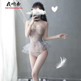 新款新货性感交叉肩带透明网纱连衣短裙头饰套装制服诱惑