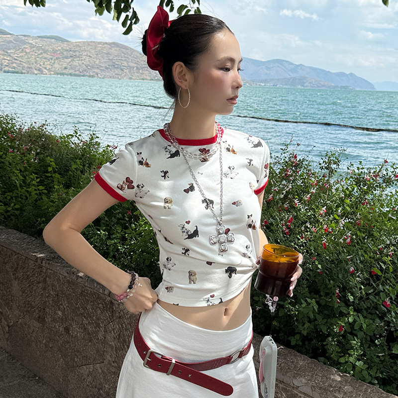 MMFISH moda estilo occidental retro chica caliente estampado nicho diseño sentido contraste color gato perro camiseta de manga corta 25T259