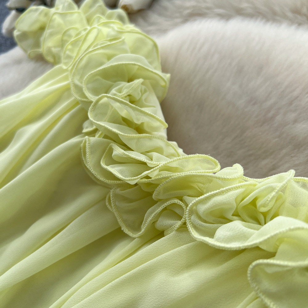 French Style Halter Neck Sleeveless Ruffle Dress Korean Summer High Waisted Cake Skirt Vacation Elegant Long Dress for Women_ecoleips.com