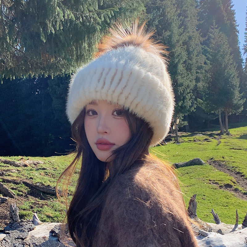 韩国女士冬季皮草帽子水貂毛休闲编织弹力甜美女帽狐狸毛球贝雷帽|undefined