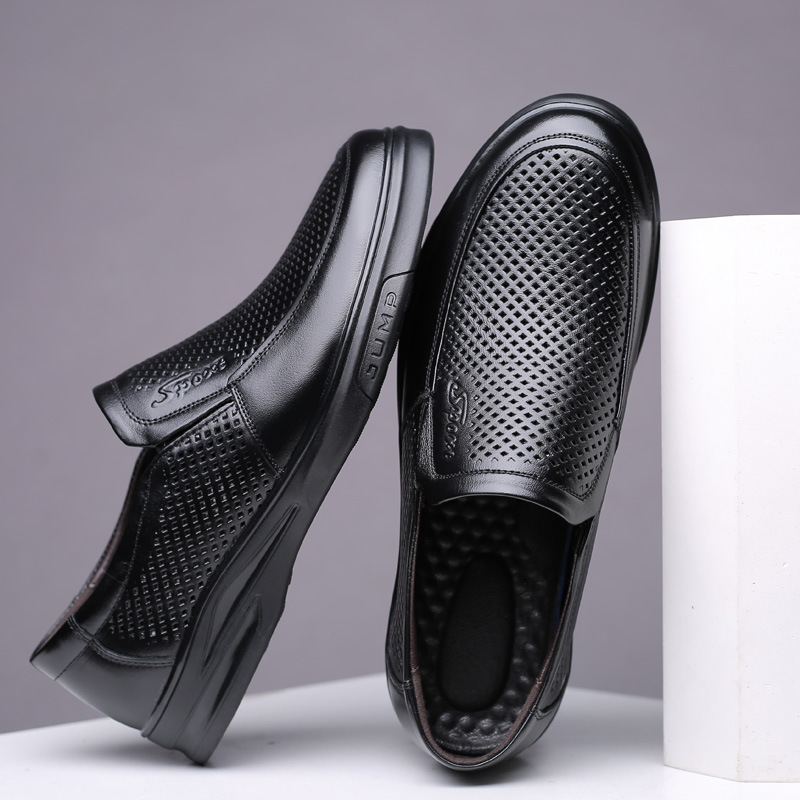여름 가죽 중공 비즈니스 캐주얼 가죽 신발 남성용 슬립 온 통기성 구멍 신발 소프트 단독 운전 신발