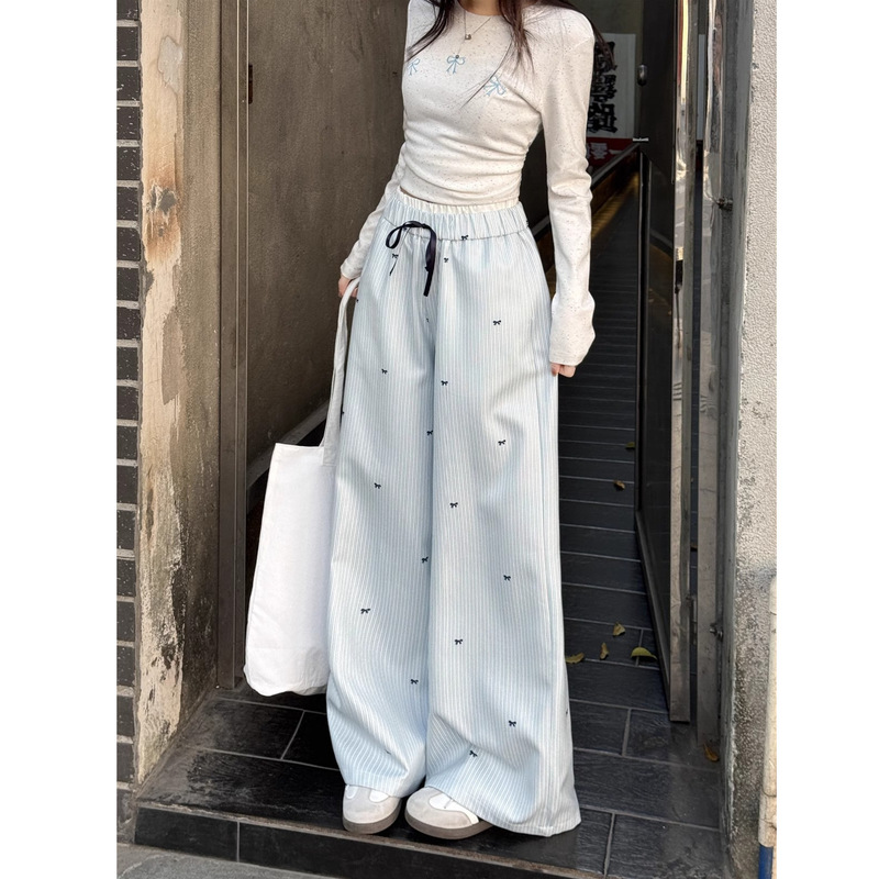 韩系蓝色条纹阔腿裤女夏季2025新款高腰直筒休闲裤设计感小众长裤|undefined
