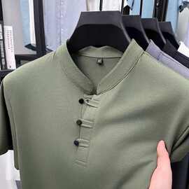 夏季透气新款小立领盘扣短袖T恤男士国风大码百搭半袖休闲套头衫