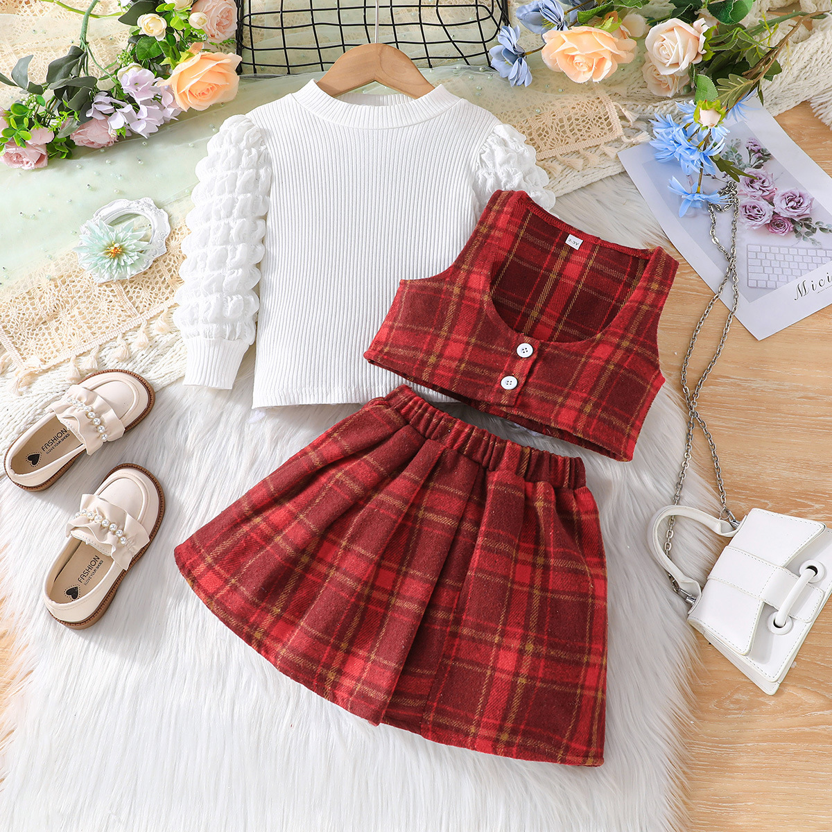 Mädchen Set Aus Karoweste Unterwäsche Und Rock Dreiteilig_voghion.com
