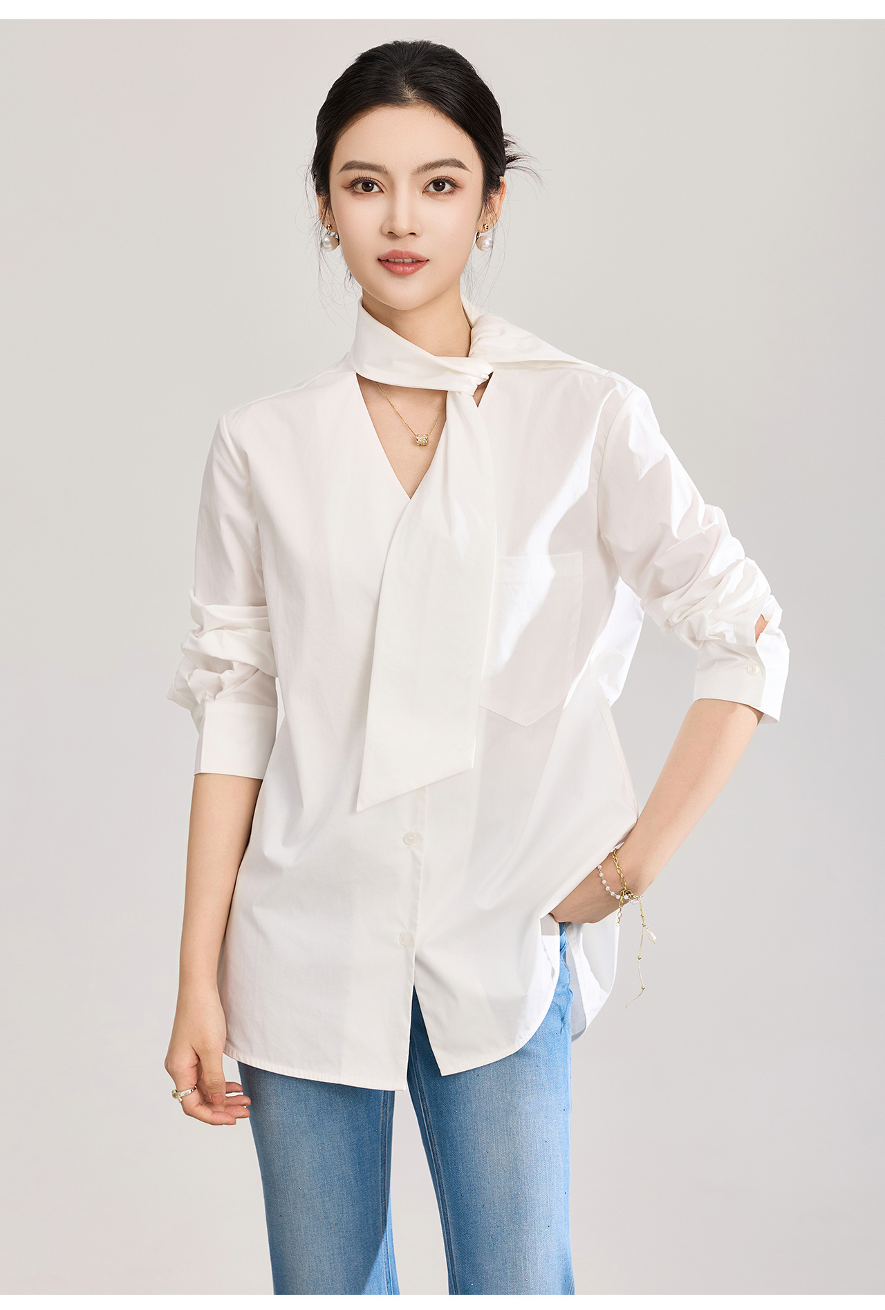 Áo sơ mi nữ dài tay cổ V phối dây rua, chất cotton mềm mại không nhăn — Vàng sữa chi tiết 22