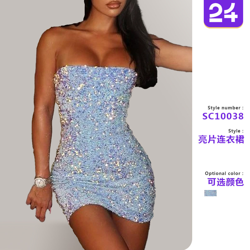 European and American AliExpress INS sky blue sequins tube top tube top open fork cocktail party dress party dress short skirt dress