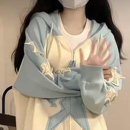 绣花华棉外套女春秋季新款韩系学生宽松慵懒百搭连帽开衫情侣卫衣