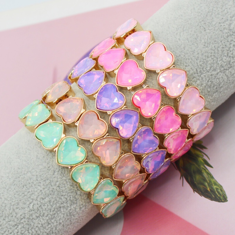 Tiktok Amazon Cross-Border Best-Selling Mocha Crystal Diamond Heart Alloy Elastic Cuff Enamel Bracelet for Women