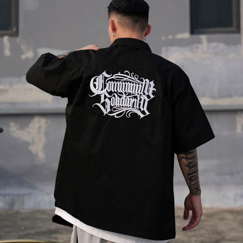 American Chicano Gangsta Rap Style Tattoo Cursive Embroidery Work Shirt Trendy Embroidery