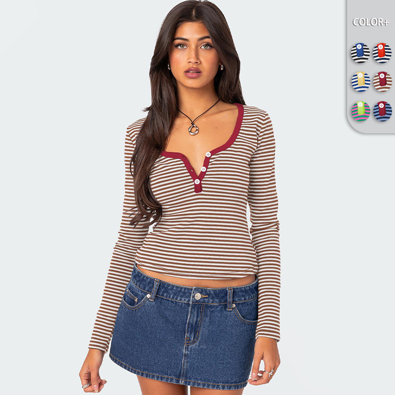 亚马逊时尚秋冬季Y2K女装 纽扣撞色条纹修身显瘦长袖内搭纯棉上衣