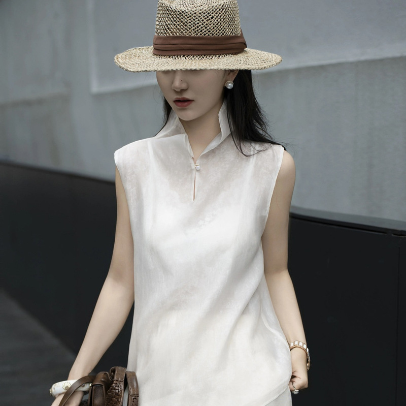 New Chinese-Style Double-Layer Tencel Sleeveless Shirt for Women, Stand-Up Collar Jacquard National Style Top, Loose and Flowing Inner Layer Base Shirt