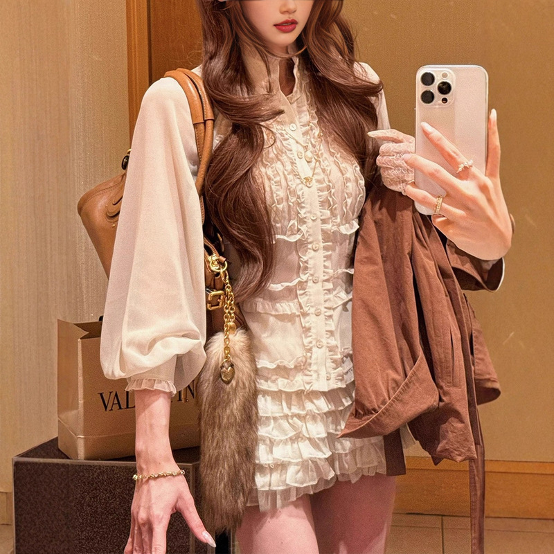 French Sweet Keluli Multi-Layered Lace Sweet Shirt Caramel Bud Windbreaker Jacket