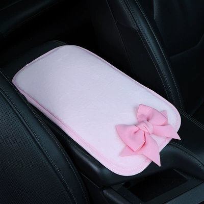 Car armrest cushion, short plush universal armrest pad with ice silk bow decoration
