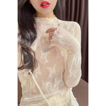 透视蕾丝网纱打底衫女清新透气罩衫性感镂空薄纱波点内搭上衣长袖