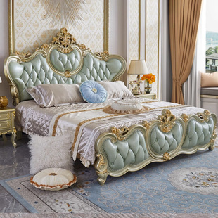 European-Style Solid Wood Carved Bed, 1.8m Double Bed Master Bedroom Large Bed, Widened 2.22m Genuine Leather French Wedding Bed