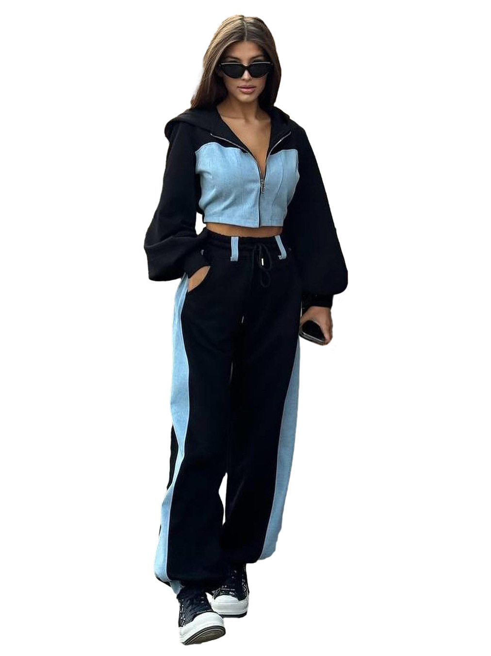 D9727 venta caliente suéter de moda casual de mujer europea y americana costura de mezclilla con capucha top pantalones de dos piezas
