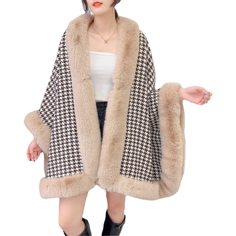 Capa de Mujer Estilo Europeo y Americano 2025, con Cuello de Piel Sintética de Conejo, Diseño de Pata de Gallo, para Protección Solar