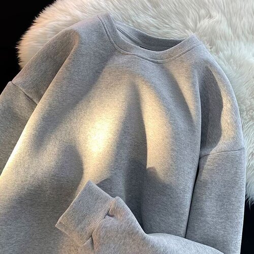 2025 solid color long-sleeved T-shirt, men's casual all-match round collar, loose spring and autumn trend, handsome elastic sweater, men