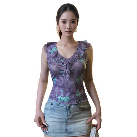 American Style Retro Gentle Stylish Printed Ruffled Collar Vest Summer Slim-Fit Mesh Sleeveless Top