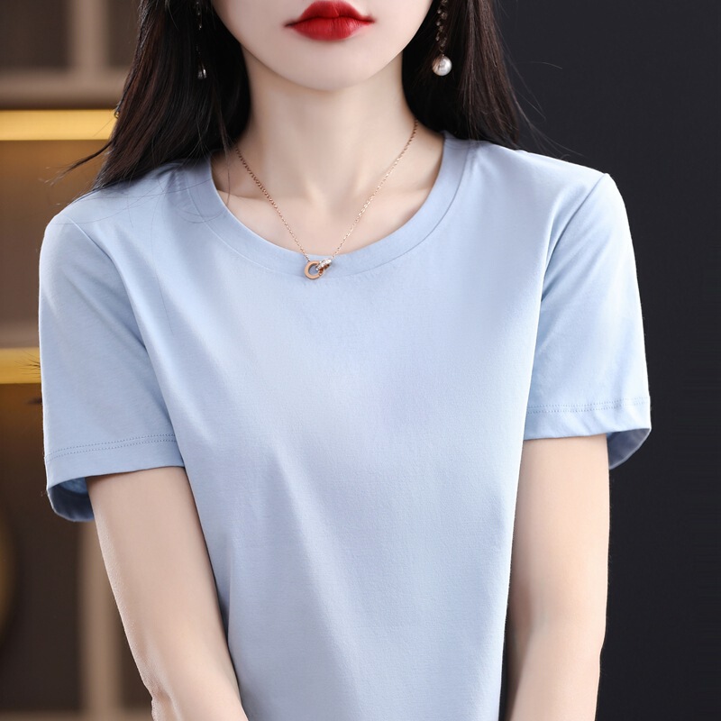 80 mercerized cotton short-sleeved T-shirt women's close-fitting slimming round neck V-neck 2024 summer new double-sided mercerized cotton top