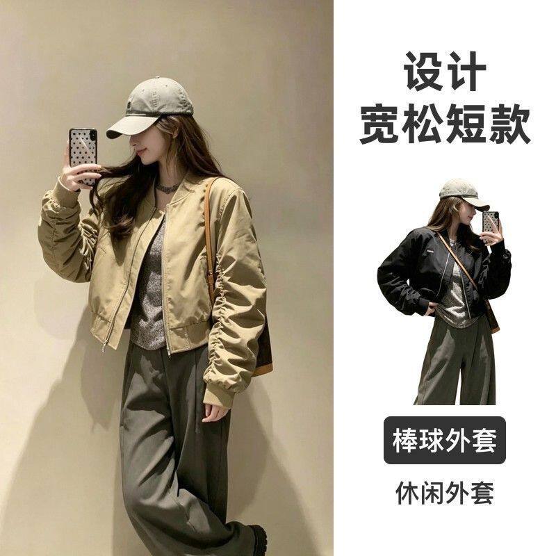 Áo khoác jacket nữ dáng ngắn form rộng vai đứng kiểu bóng chày, dài tay, khóa kéo — Màu kaki, hai lớp, có lót vải, Đen hai lớp có lót chi tiết 2